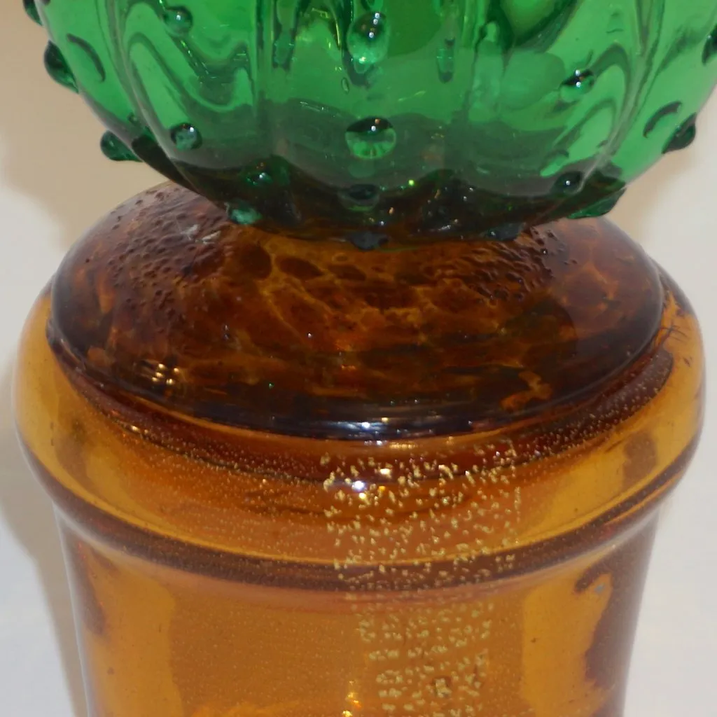 1990s Vintage Italian Vivid Green Murano Glass Small Cactus Plant in Gold Pot