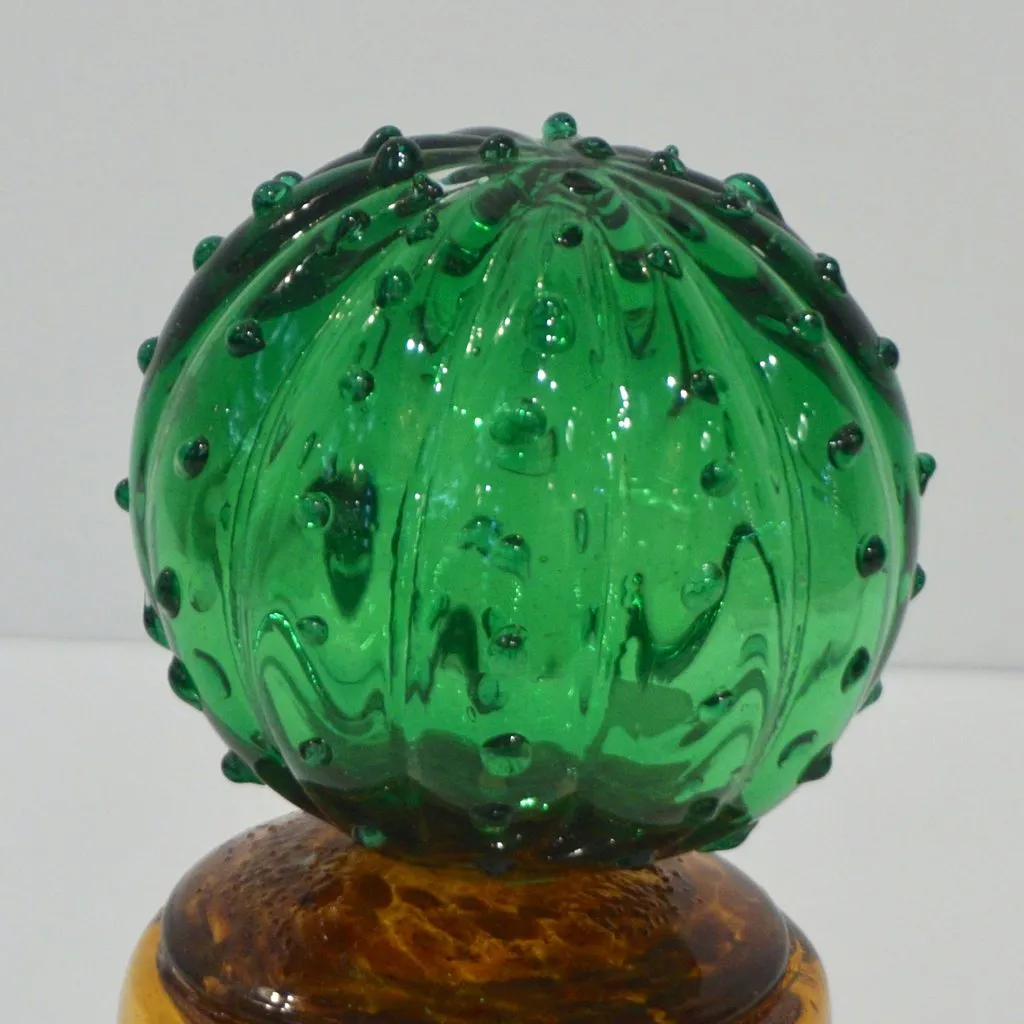 1990s Vintage Italian Vivid Green Murano Glass Small Cactus Plant in Gold Pot