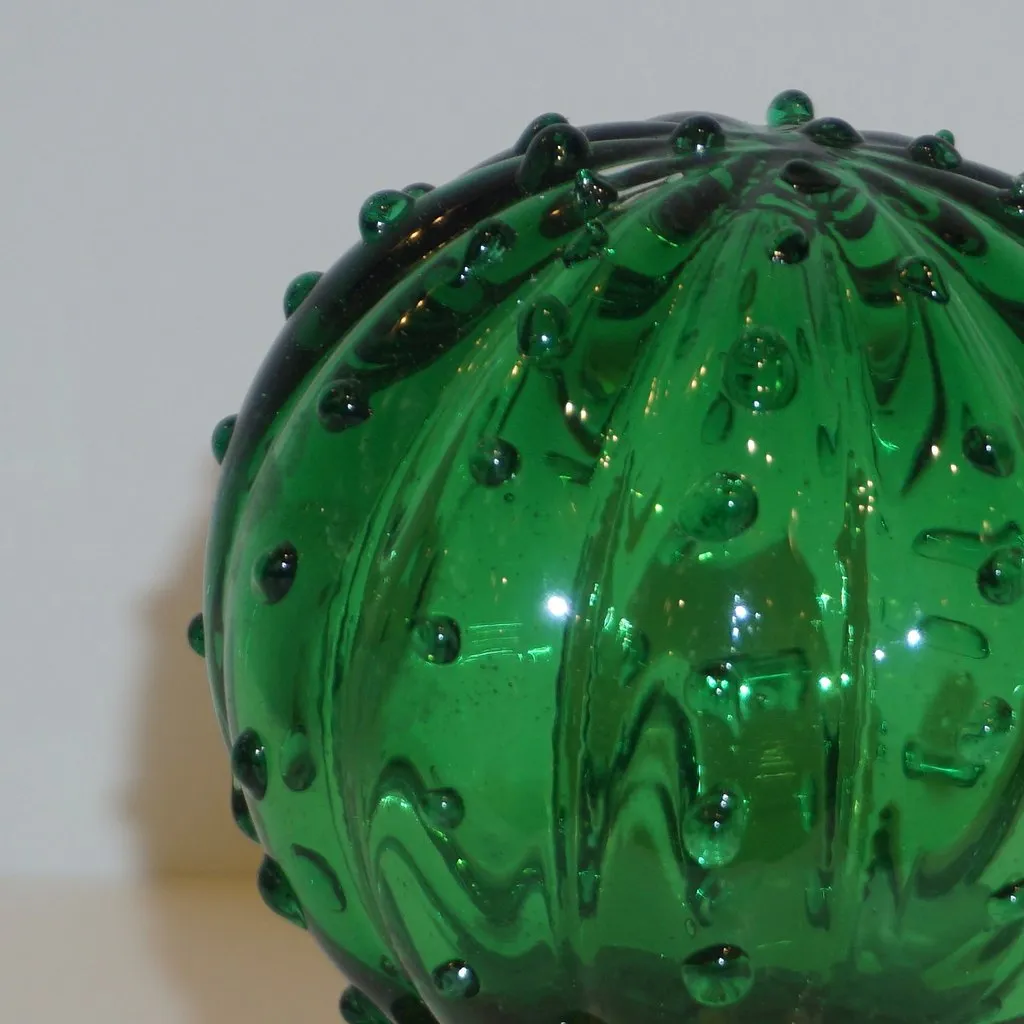 1990s Vintage Italian Vivid Green Murano Glass Small Cactus Plant in Gold Pot