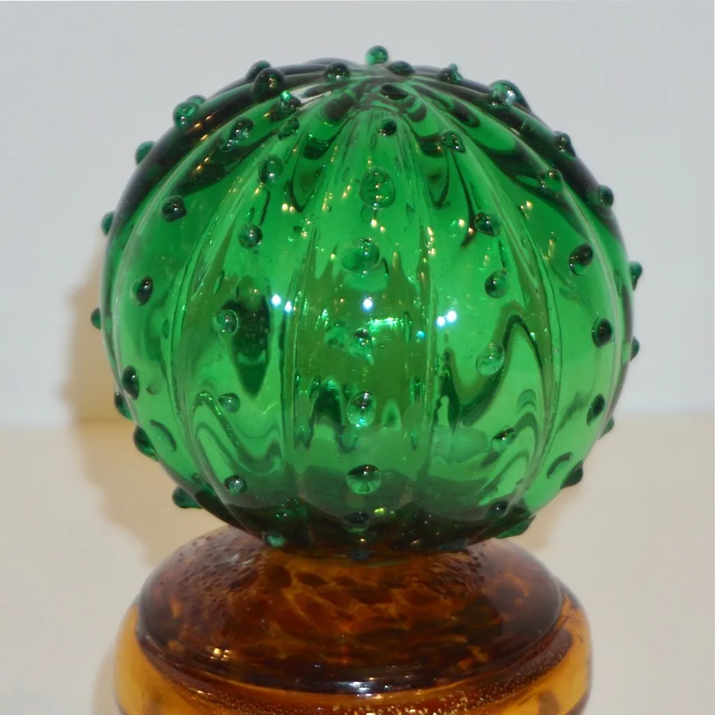 1990s Vintage Italian Vivid Green Murano Glass Small Cactus Plant in Gold Pot