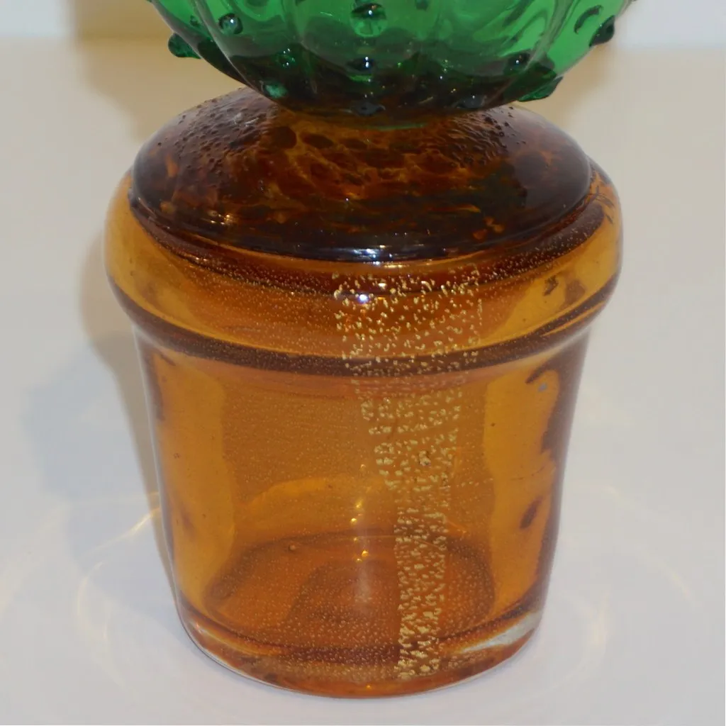 1990s Vintage Italian Vivid Green Murano Glass Small Cactus Plant in Gold Pot