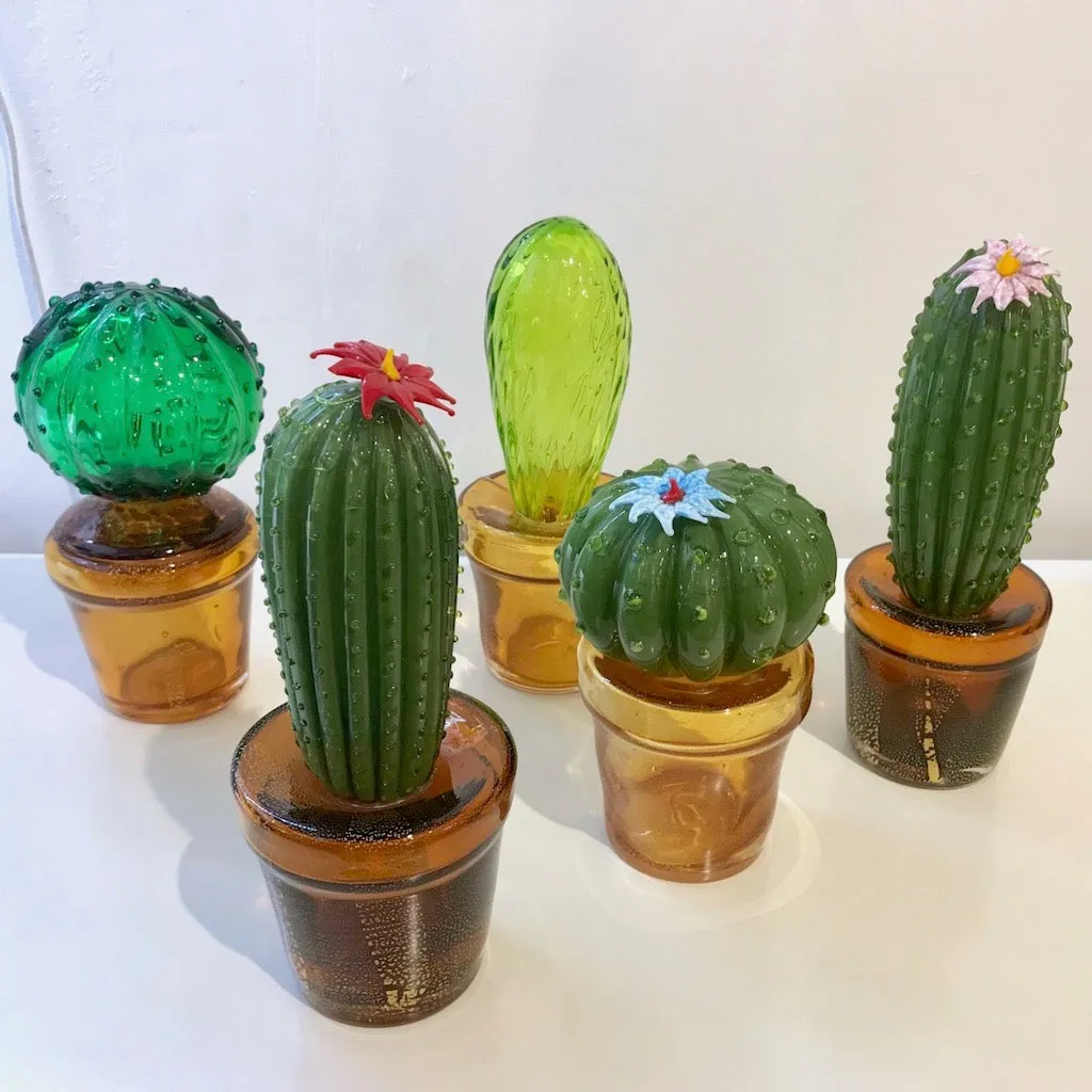 1990s Vintage Italian Vivid Green Murano Glass Small Cactus Plant in Gold Pot