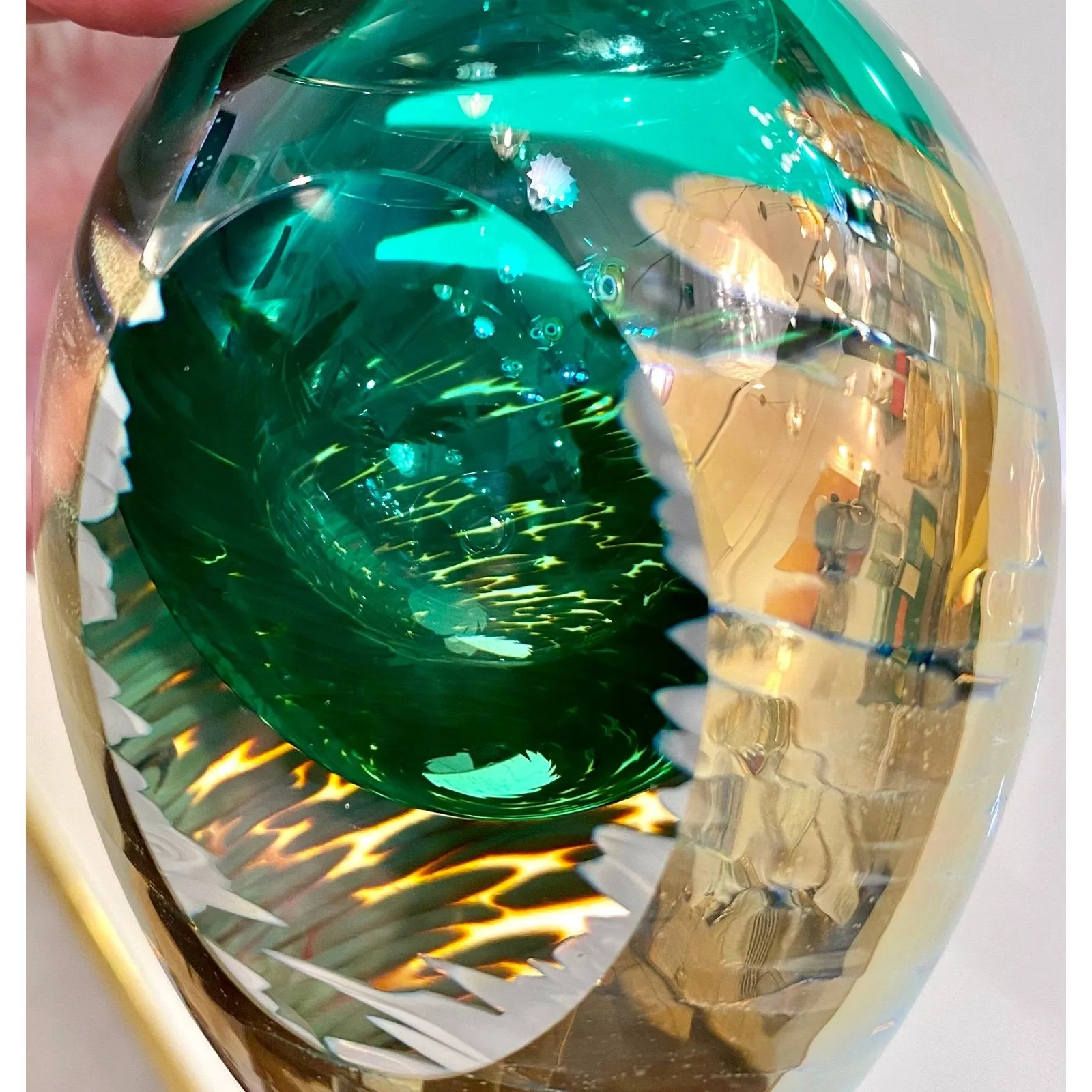 1991 Italian Murano Art Glass Green Gold Sommerso Single Flower Oval Vase