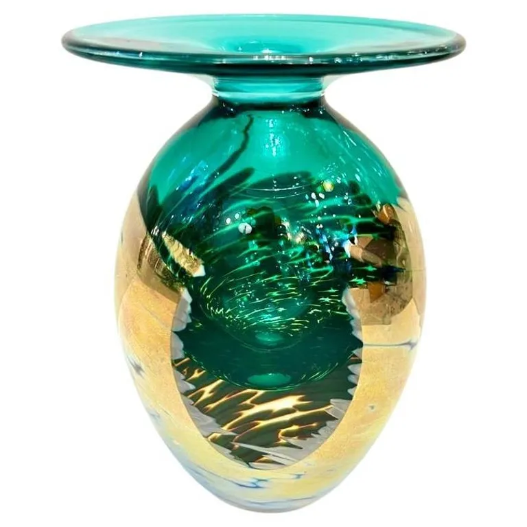 1991 Italian Murano Art Glass Green Gold Sommerso Single Flower Oval Vase 