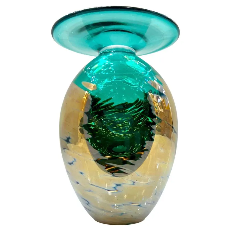 1991 Italian Murano Art Glass Green Gold Sommerso Single Flower Oval Vase