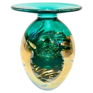 1991 Italian Murano Art Glass Green Gold Sommerso Single Flower Oval Vase 