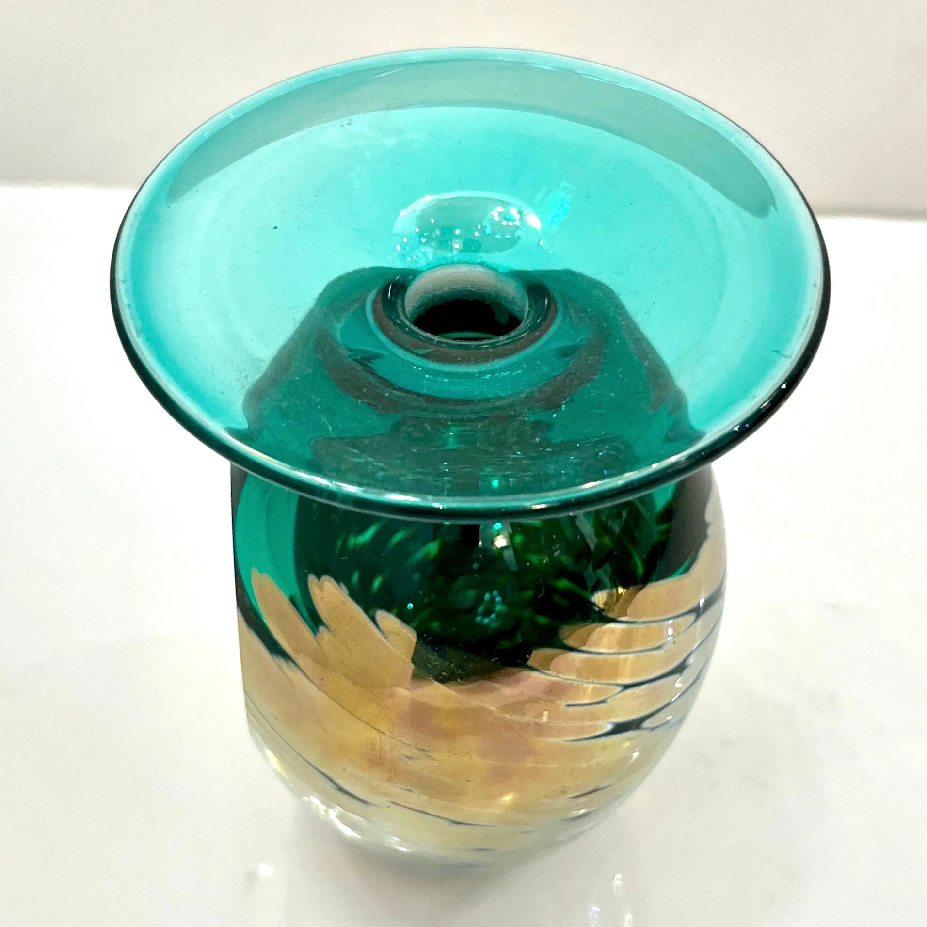 1991 Italian Murano Art Glass Green Gold Sommerso Single Flower Oval Vase