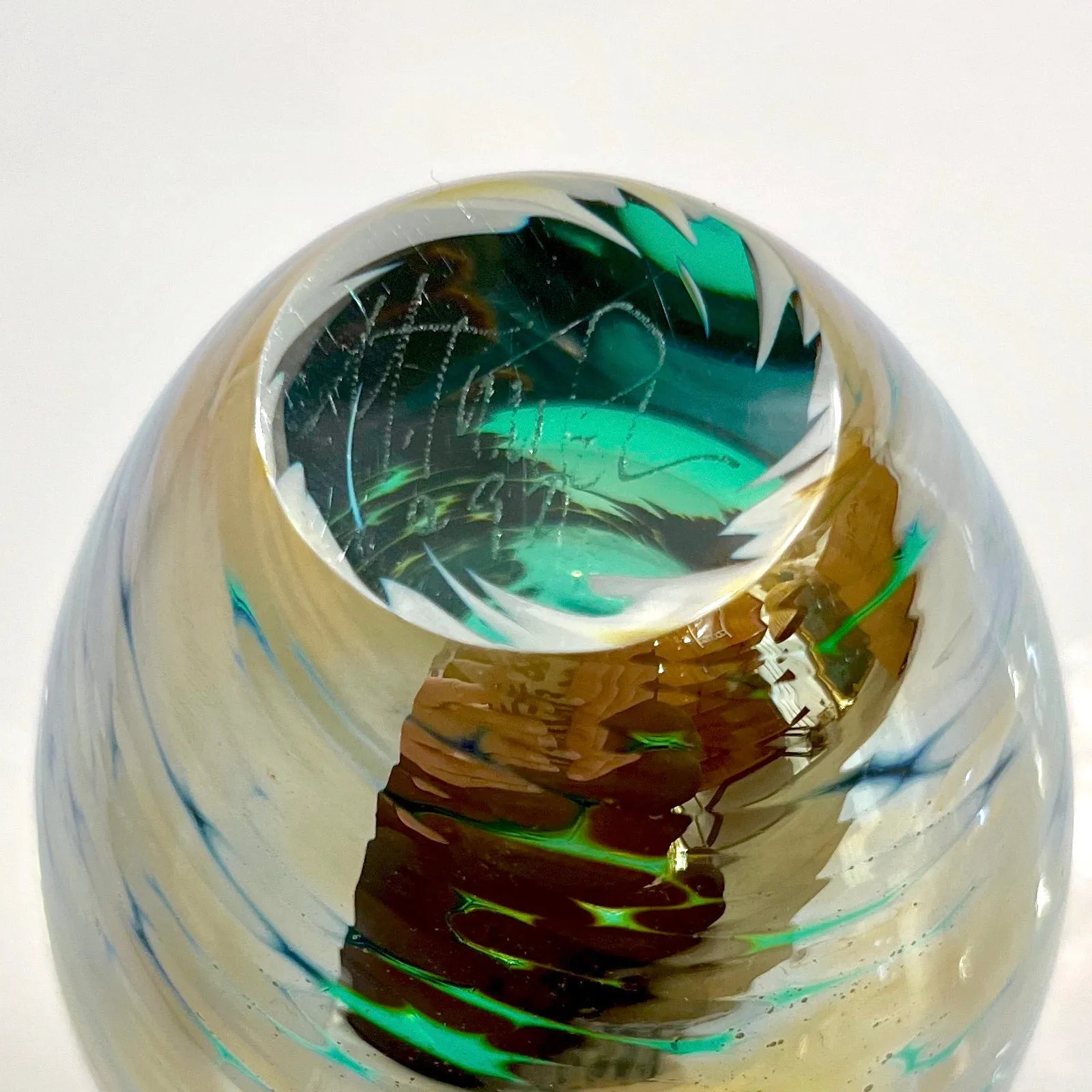 1991 Italian Murano Art Glass Green Gold Sommerso Single Flower Oval Vase