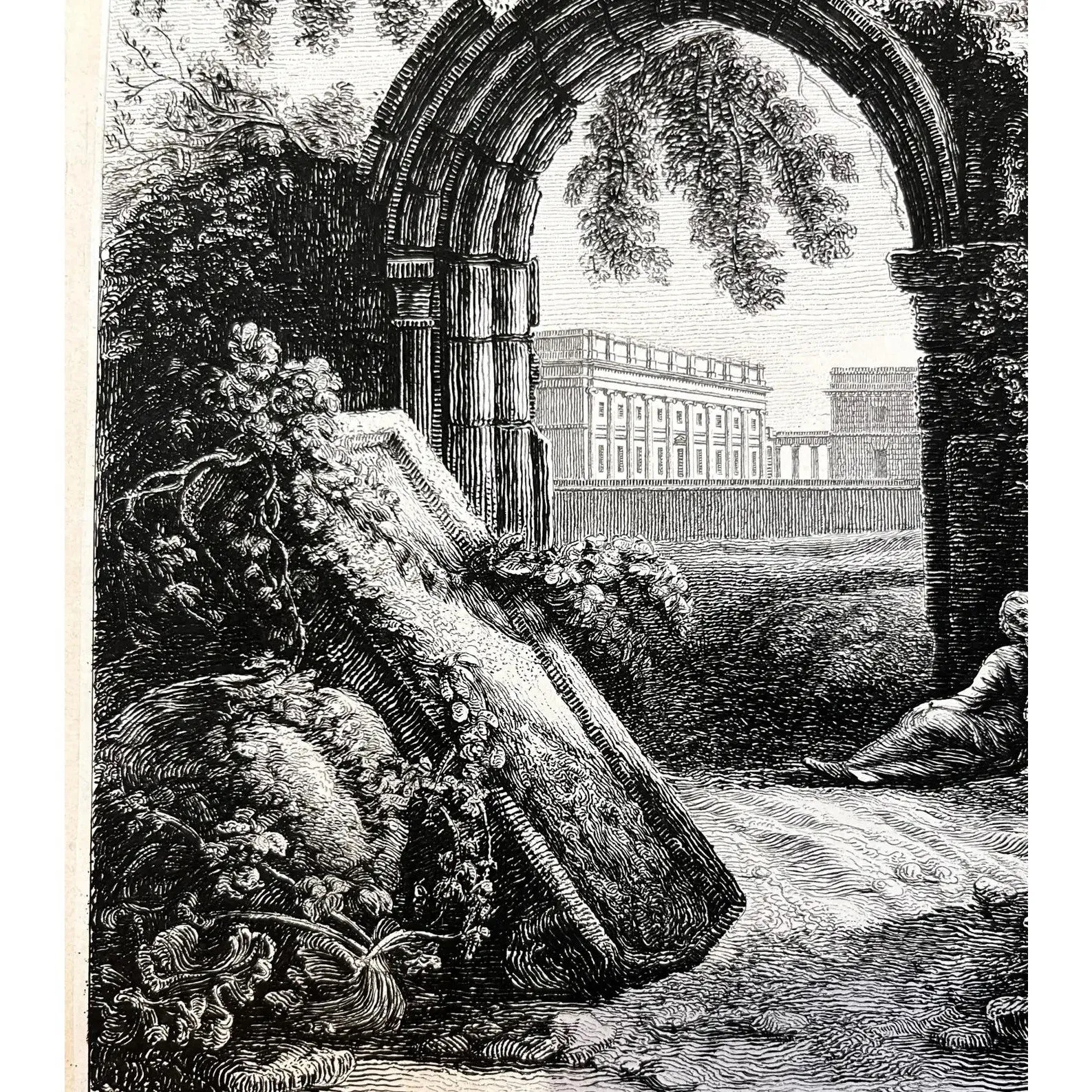 19th C. Antique English Chester Castle Gold Framed Green Mat Black White Etching