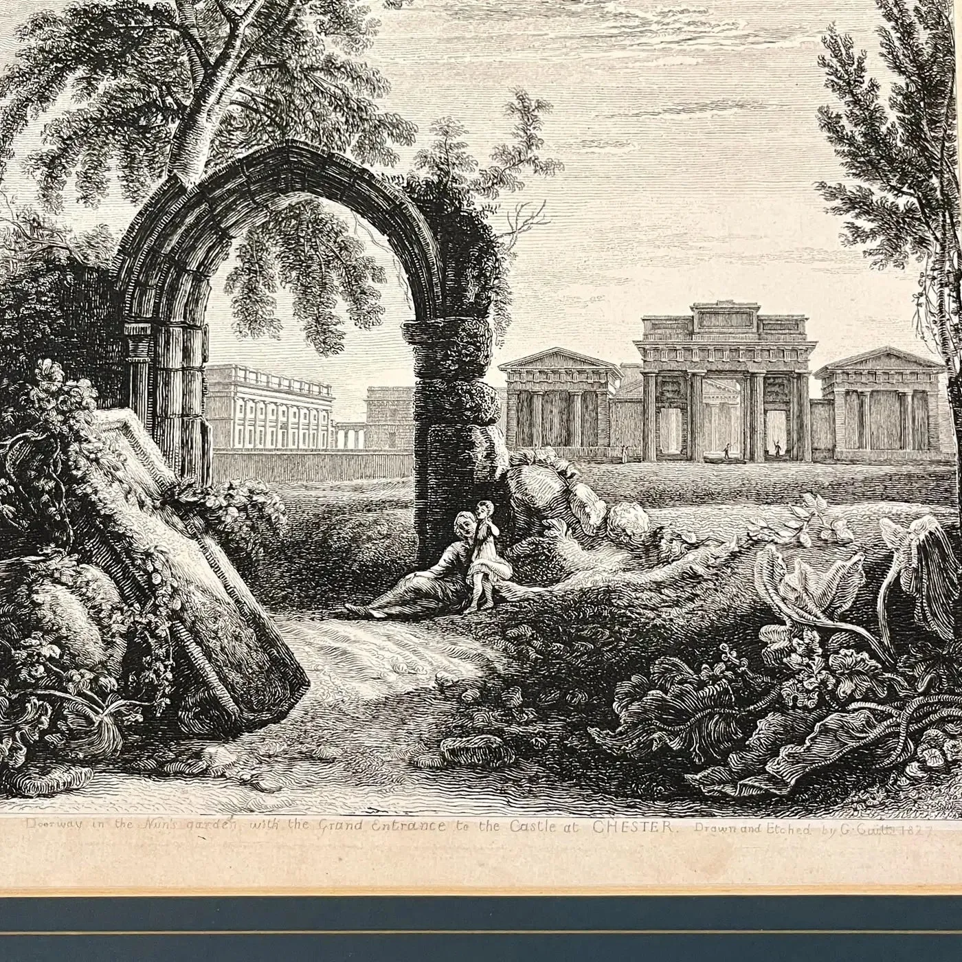 19th C. Antique English Chester Castle Gold Framed Green Mat Black White Etching