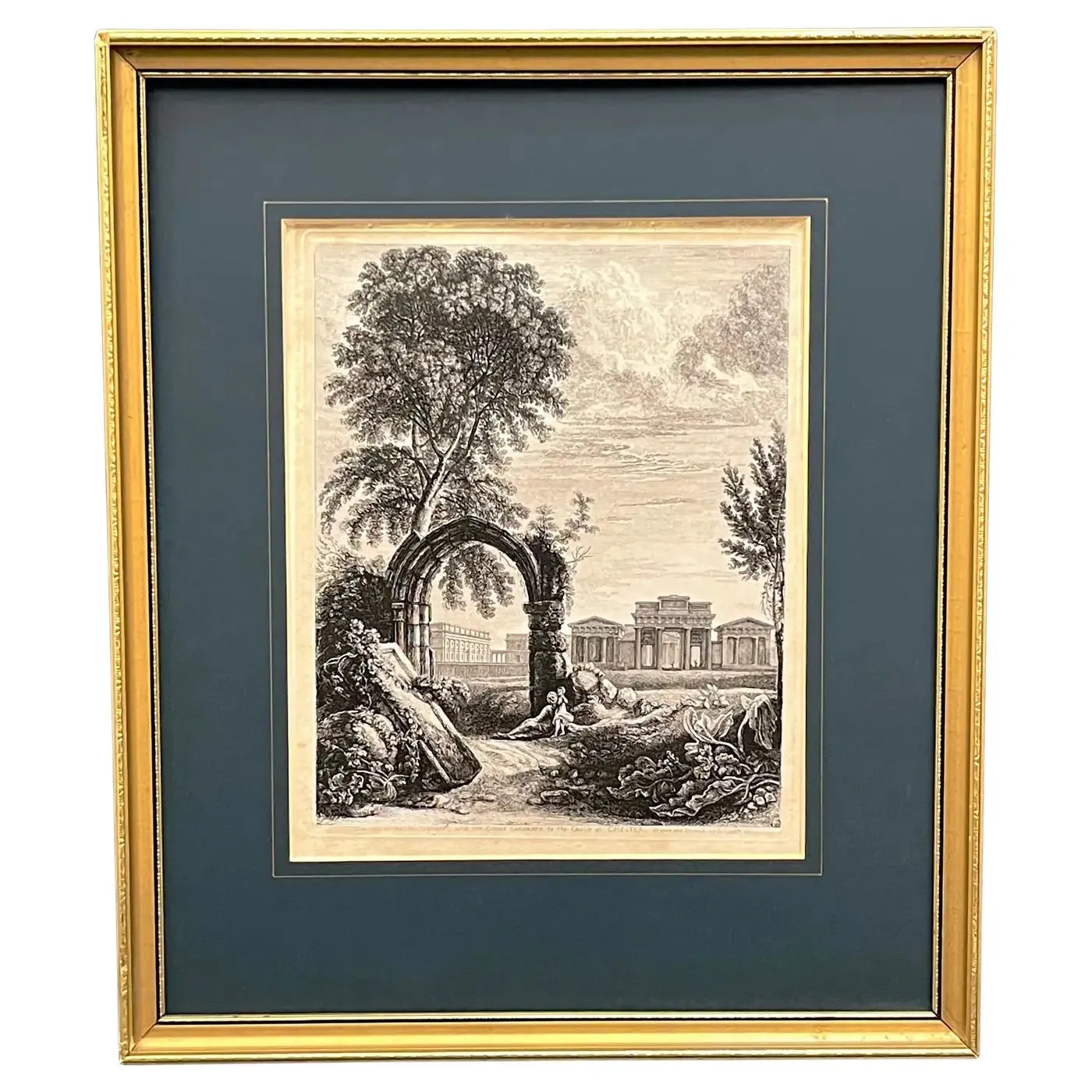 19th C. Antique English Chester Castle Gold Framed Green Mat Black White Etching 