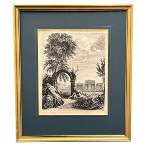 19th C. Antique English Chester Castle Gold Framed Green Mat Black White Etching 