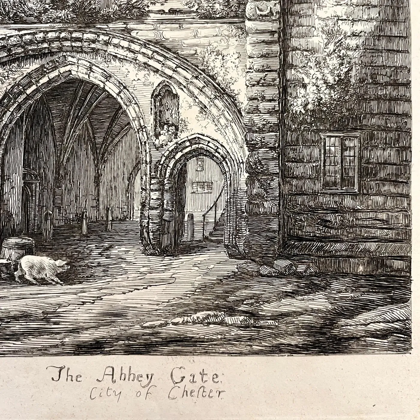 19th C. The Abbey Gate English Antique Gold Framed Green Mat Black White Etching