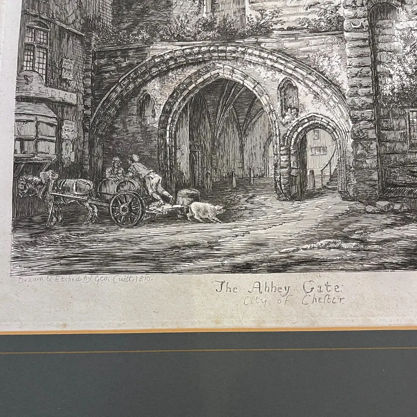 19th C. The Abbey Gate English Antique Gold Framed Green Mat Black White Etching