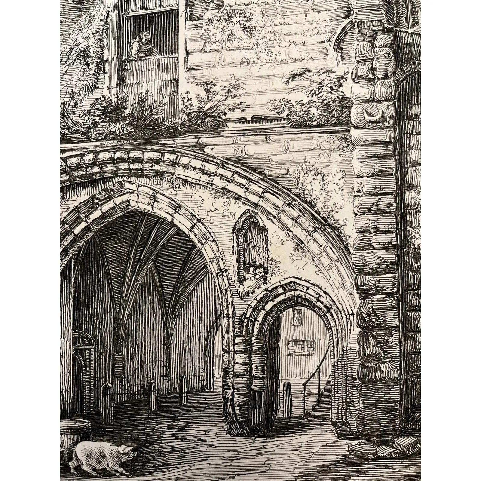 19th C. The Abbey Gate English Antique Gold Framed Green Mat Black White Etching