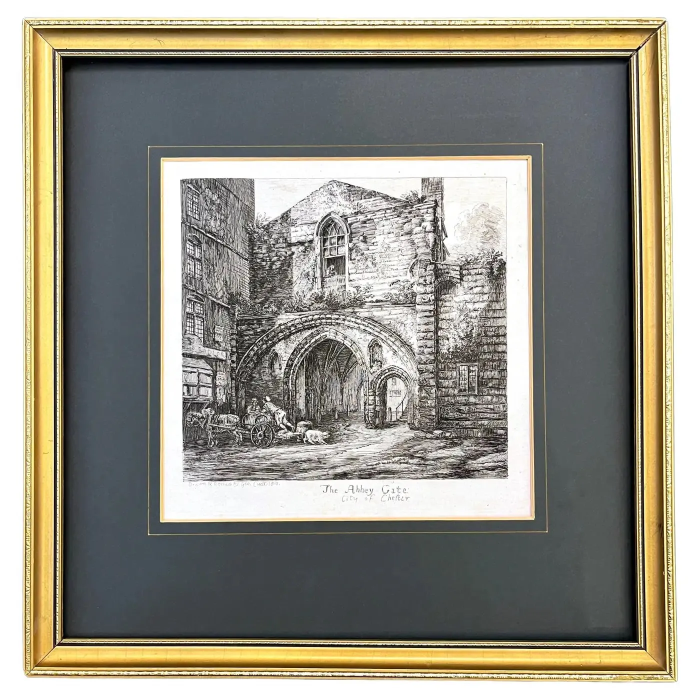 19th C. The Abbey Gate English Antique Gold Framed Green Mat Black White Etching 