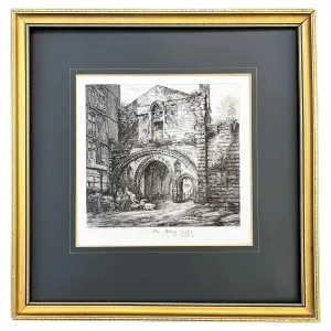 19th C. The Abbey Gate English Antique Gold Framed Green Mat Black White Etching 