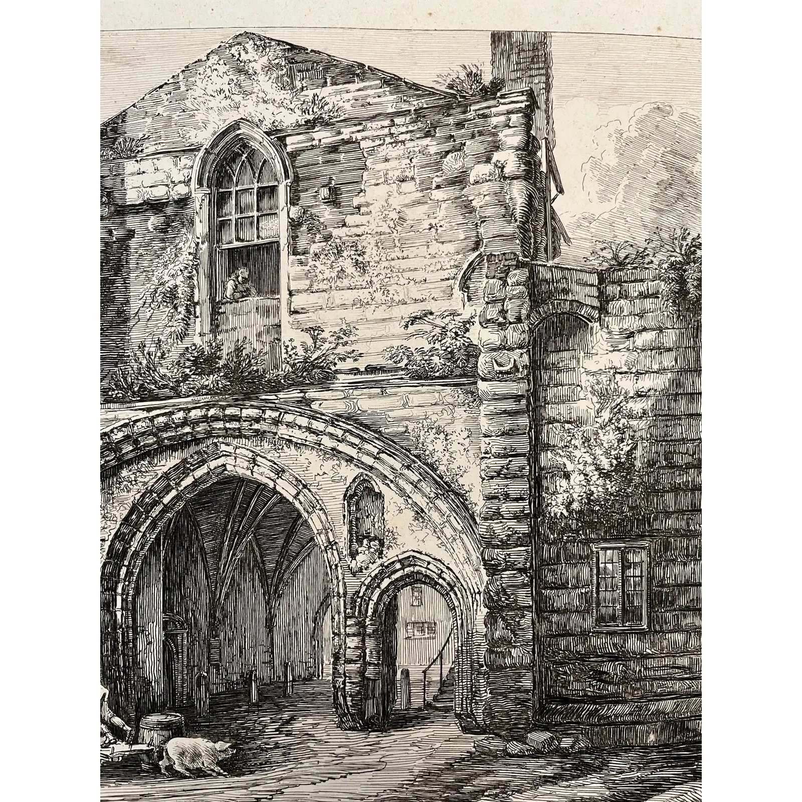19th C. The Abbey Gate English Antique Gold Framed Green Mat Black White Etching