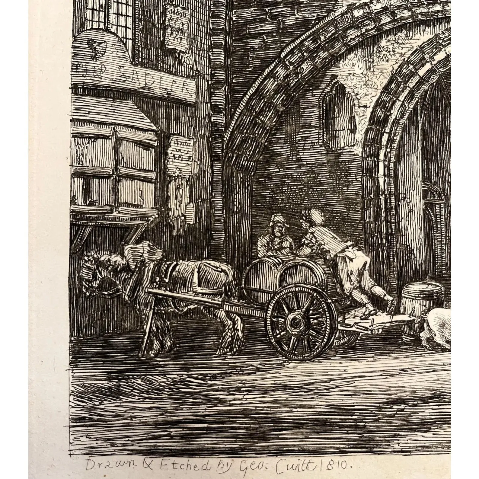 19th C. The Abbey Gate English Antique Gold Framed Green Mat Black White Etching