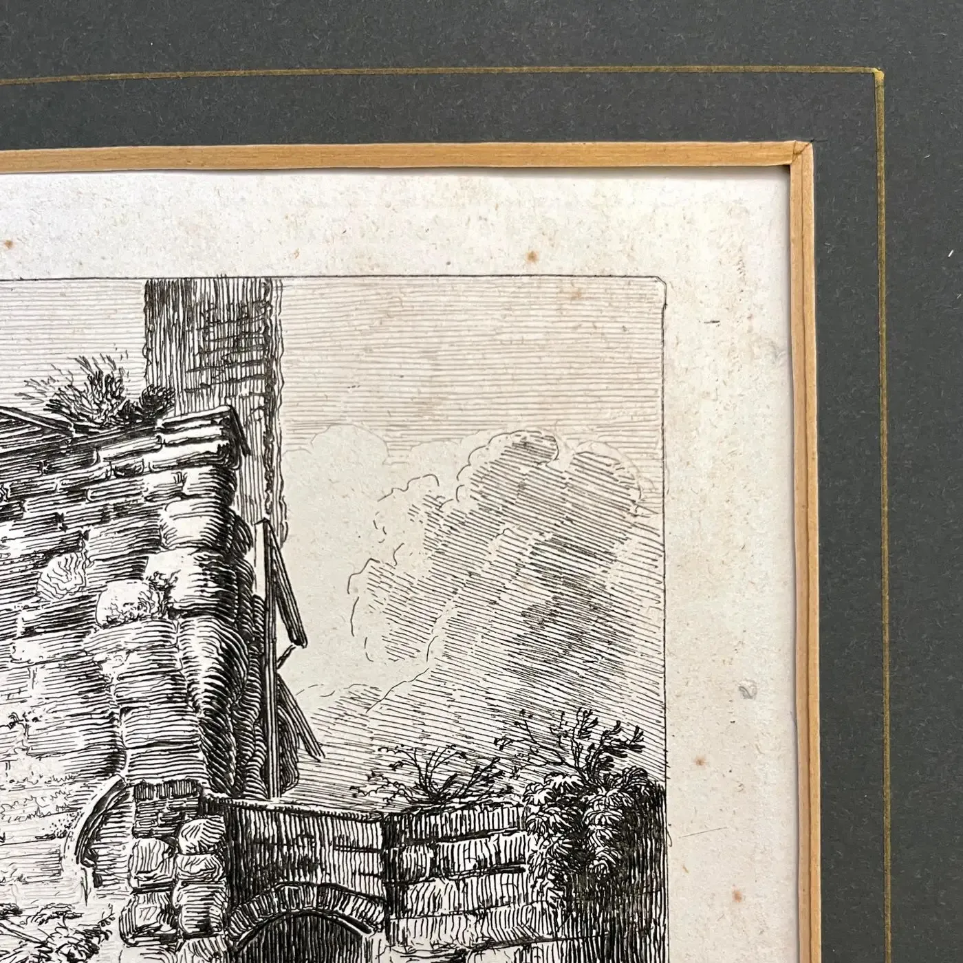 19th C. The Abbey Gate English Antique Gold Framed Green Mat Black White Etching