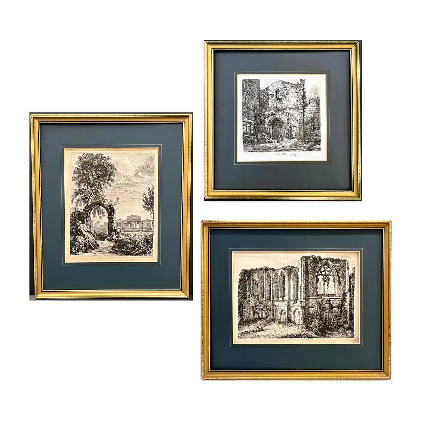 19th C. The Abbey Gate English Antique Gold Framed Green Mat Black White Etching