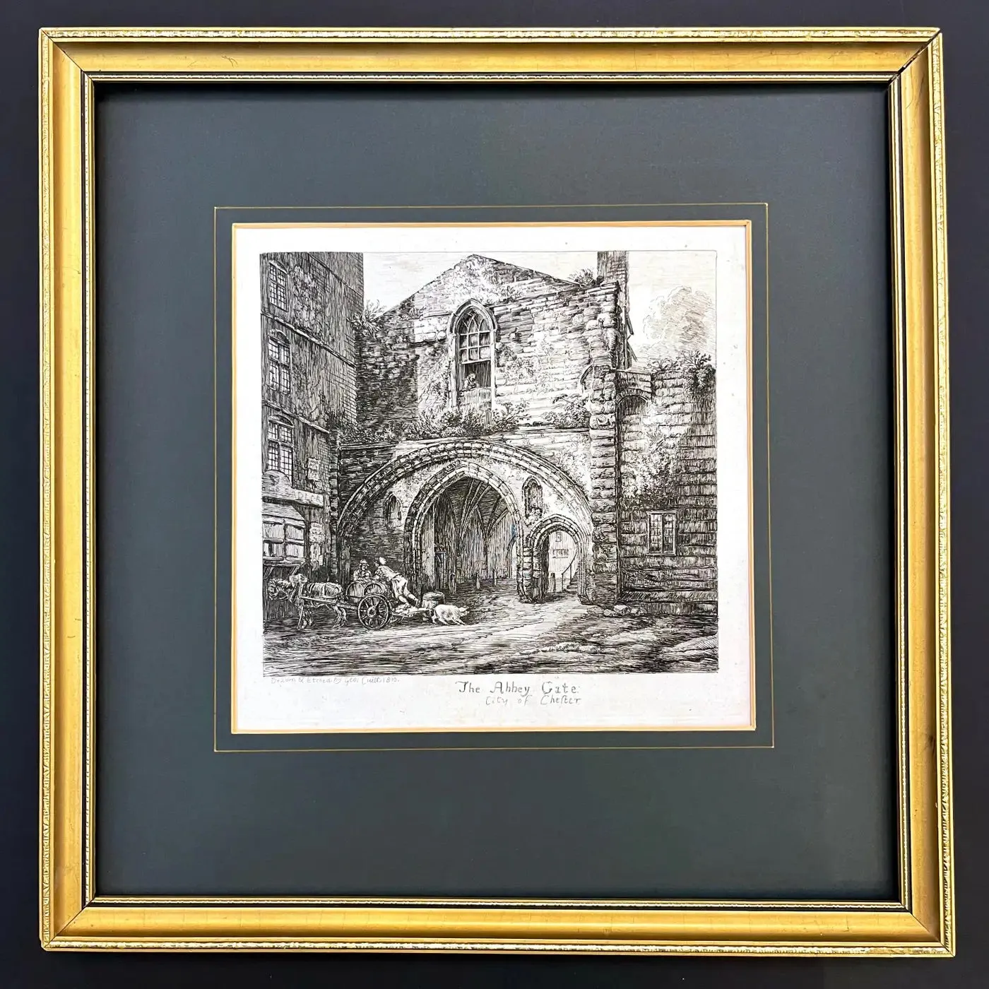 19th Century Antique English Set of 3 Gold Framed Green Mat Black White Etchings