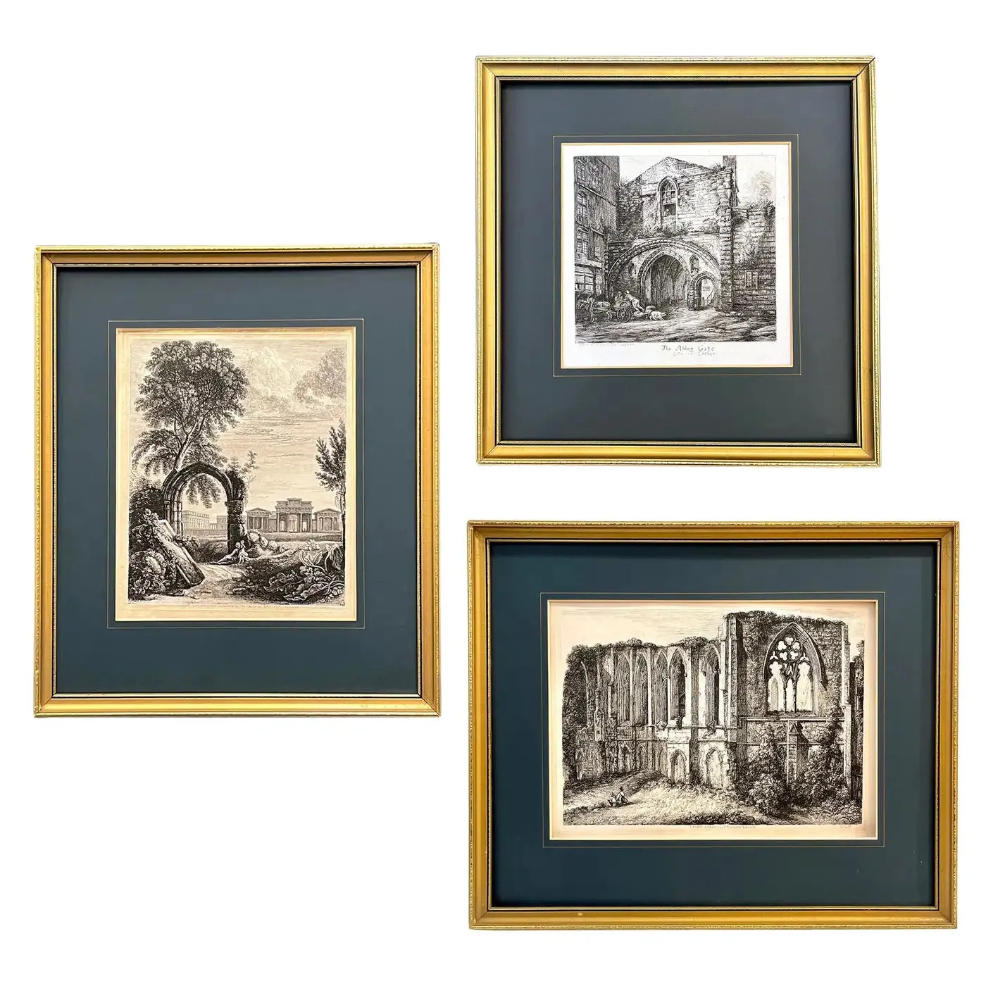 19th Century Antique English Set of 3 Gold Framed Green Mat Black White Etchings 