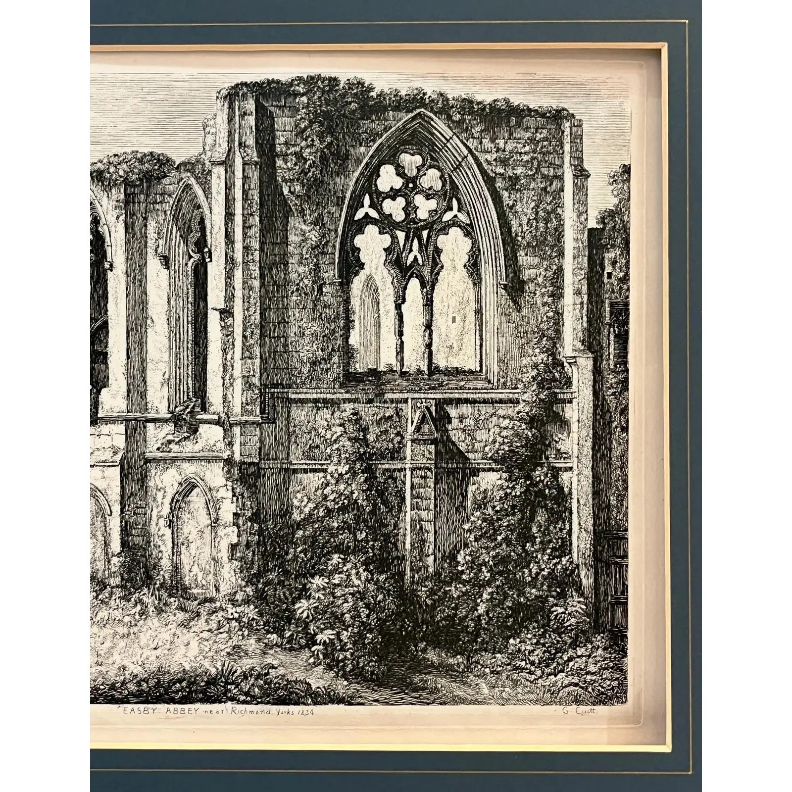 19th Century Antique English Set of 3 Gold Framed Green Mat Black White Etchings