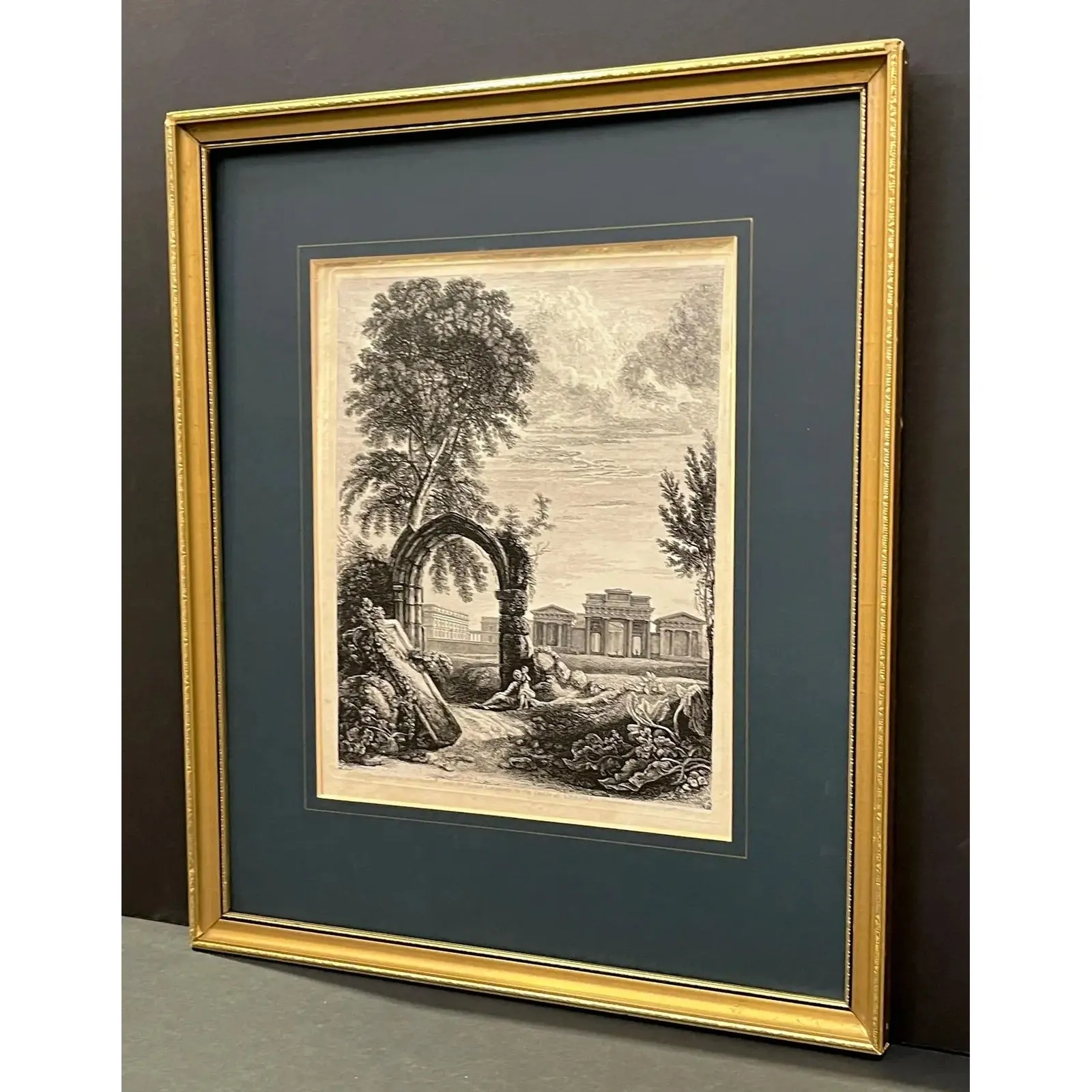 19th Century Antique English Set of 3 Gold Framed Green Mat Black White Etchings