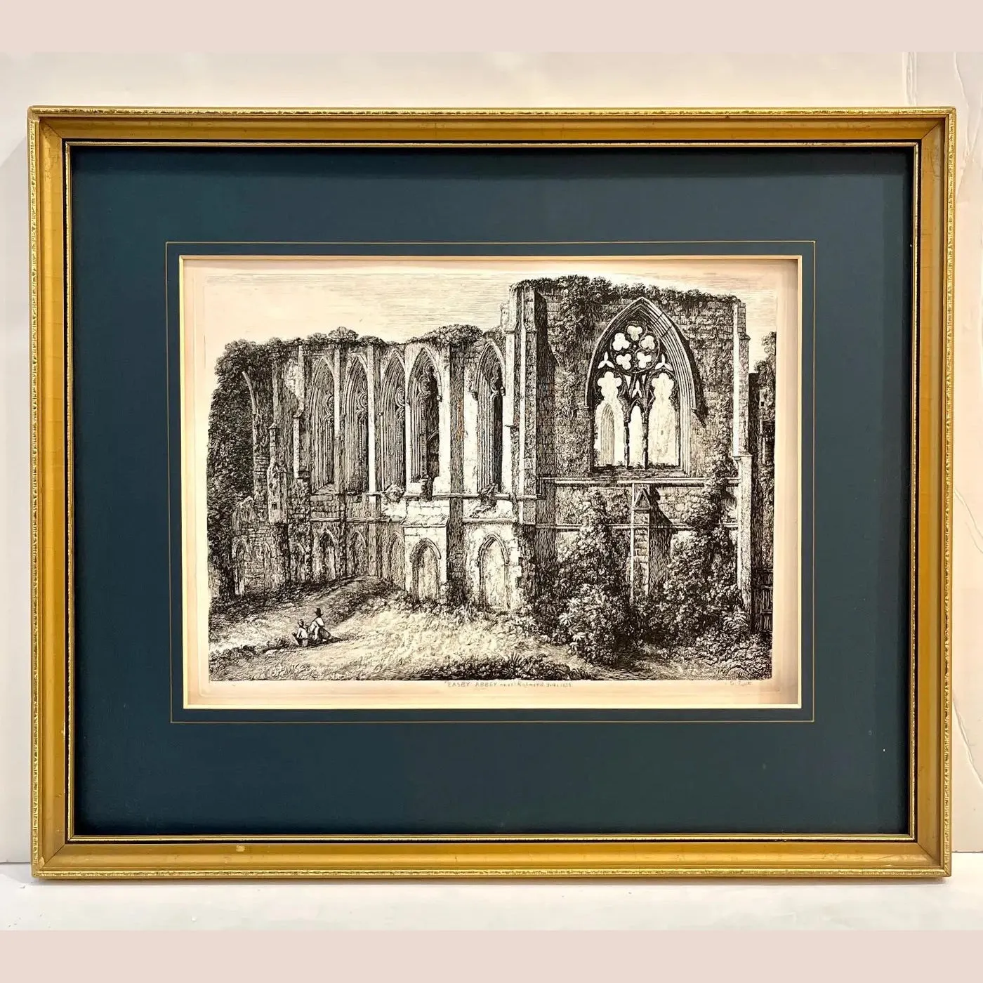 19th Century Antique English Set of 3 Gold Framed Green Mat Black White Etchings