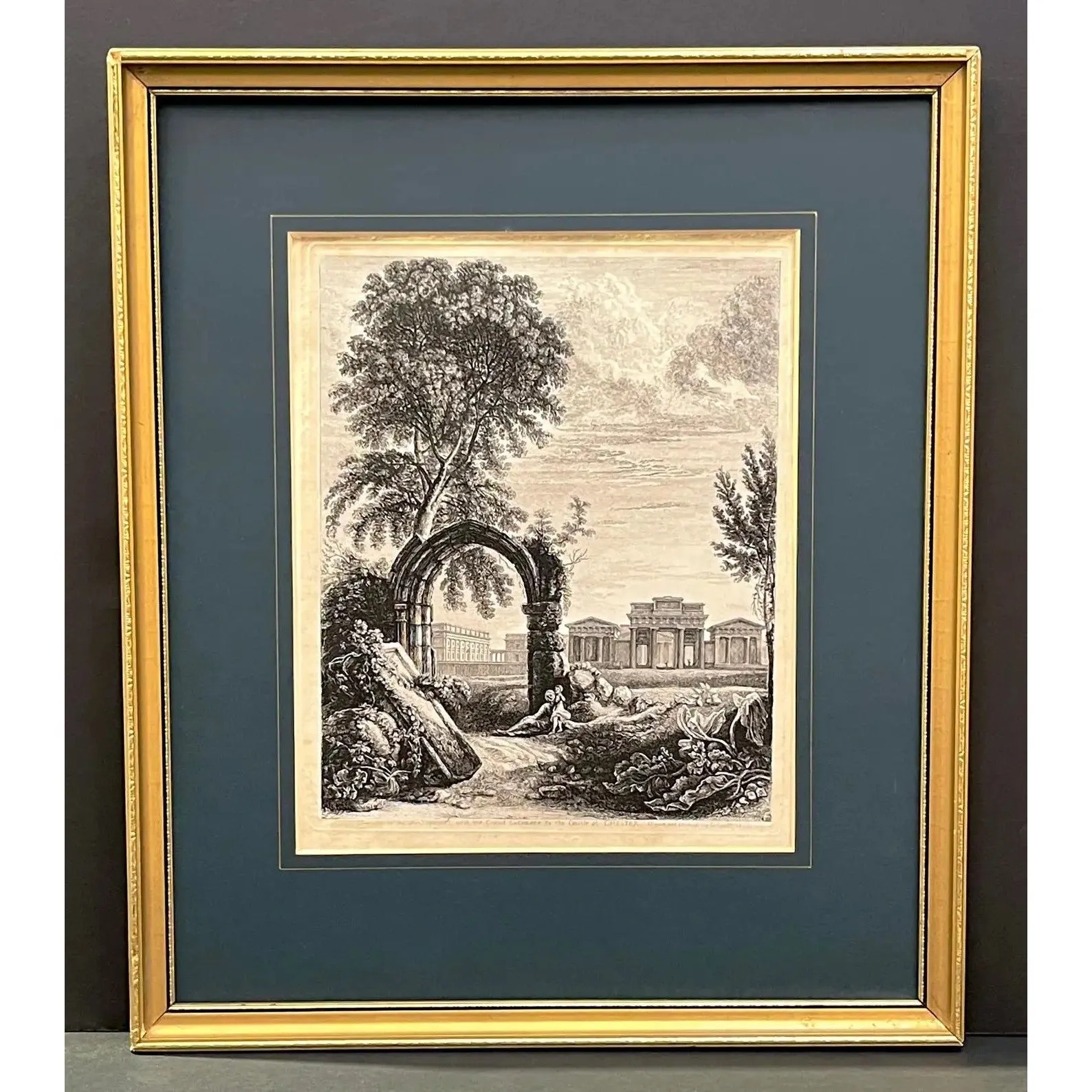 19th Century Antique English Set of 3 Gold Framed Green Mat Black White Etchings
