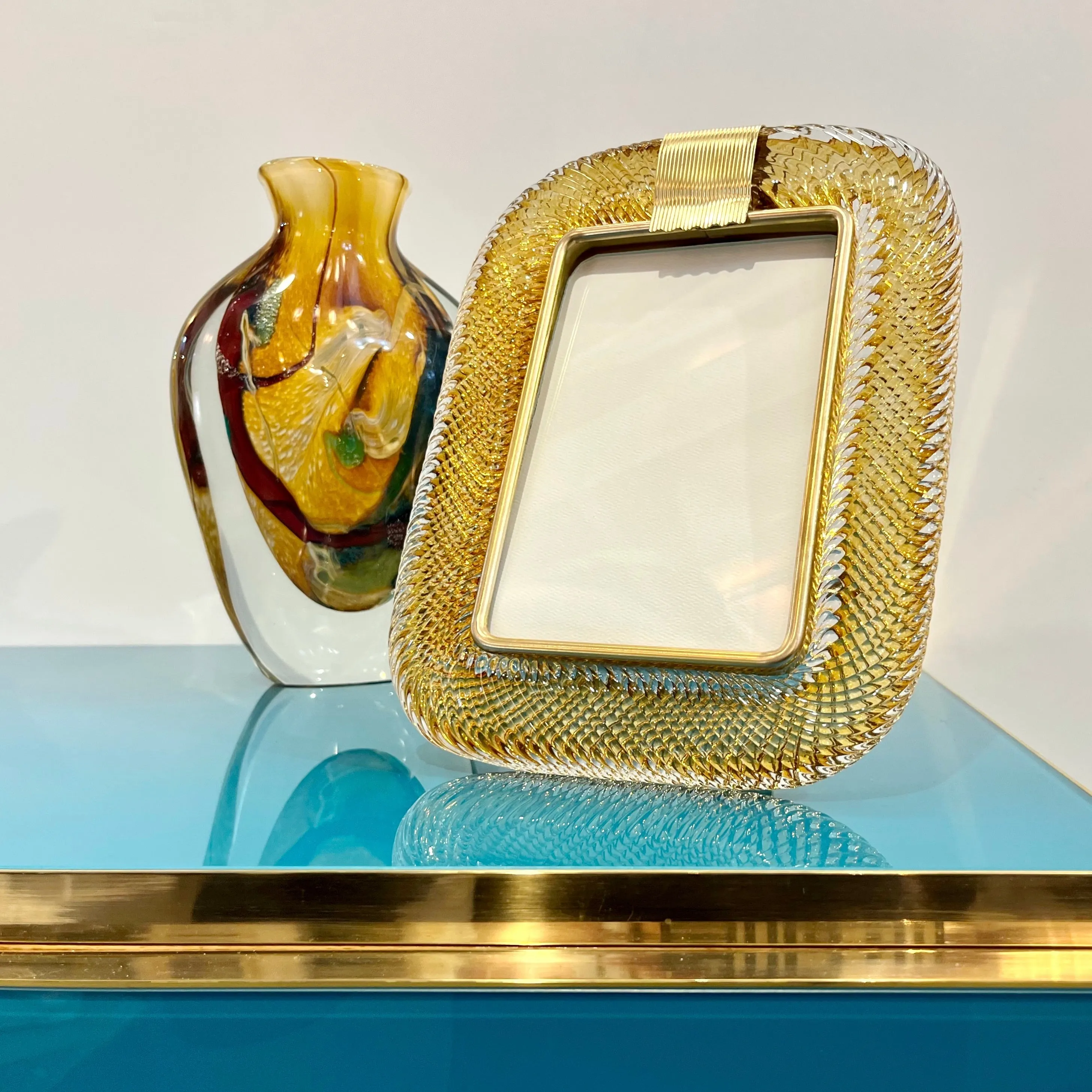 2000 Barovier Toso Italian Gold Crystal Twisted Murano Glass Brass Picture Frame