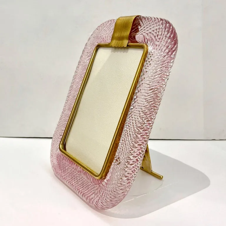 2000 Barovier Toso Italian Pink Crystal Twisted Murano Glass Brass Picture Frame