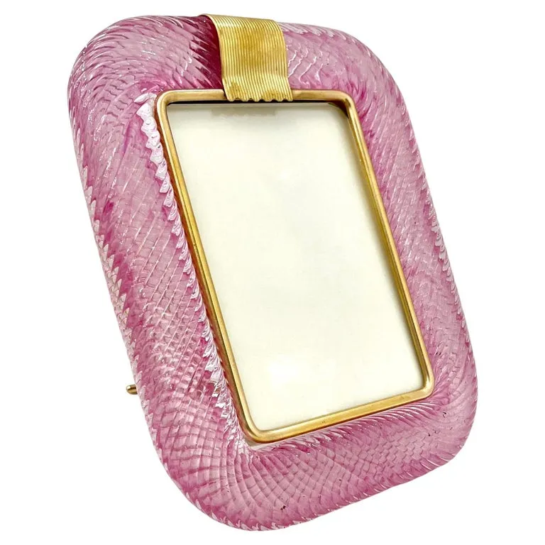 2000 Barovier Toso Italian Pink Crystal Twisted Murano Glass Brass Picture Frame 