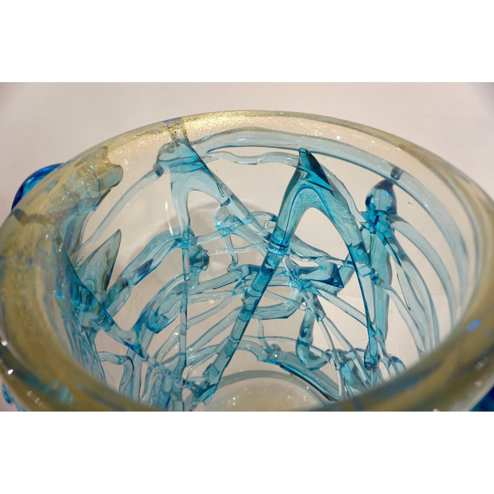2000 Cenedese Italian Modern Aqua Blue 24 Kt Gold Murano Glass Art Vase