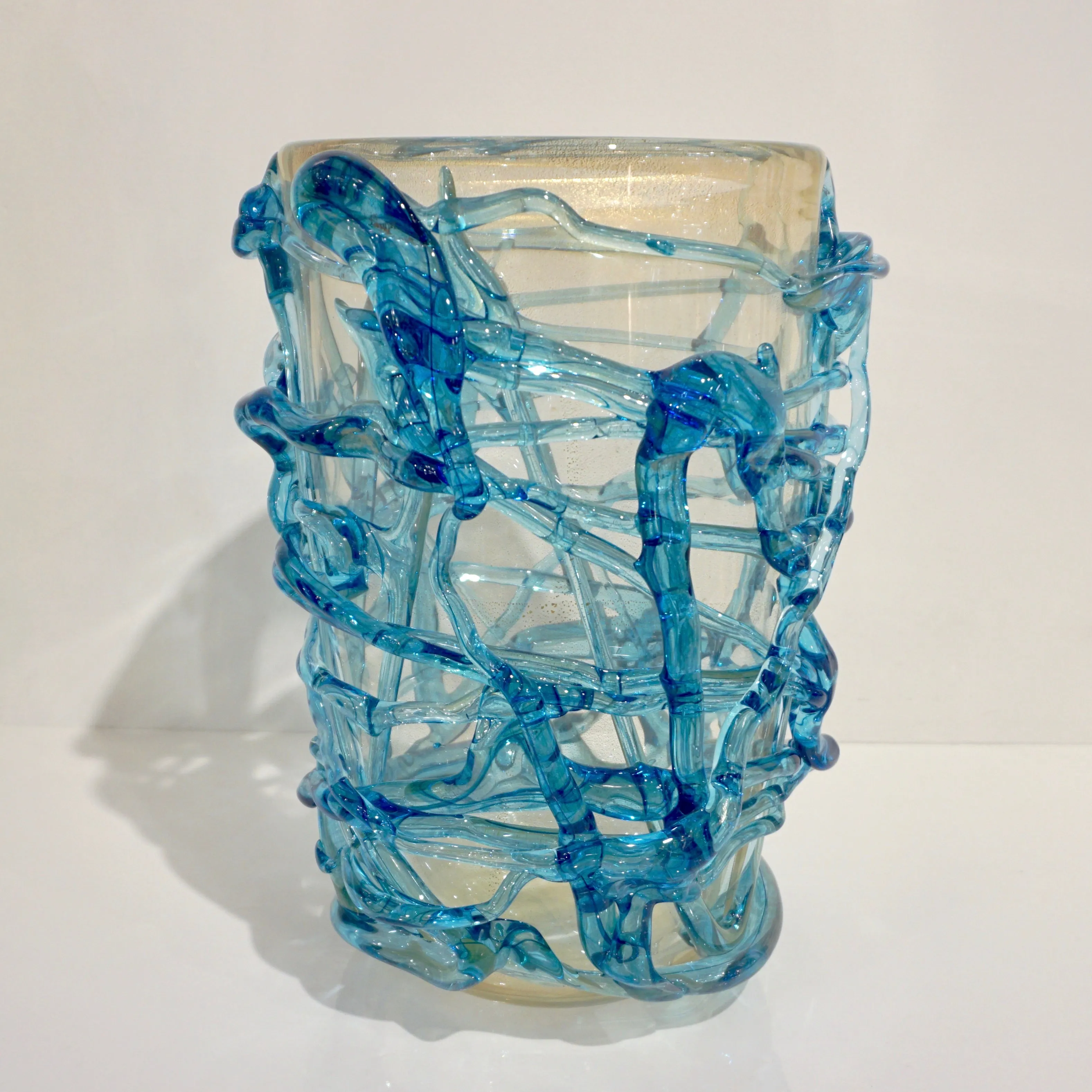 2000 Cenedese Italian Modern Aqua Blue 24 Kt Gold Murano Glass Art Vase