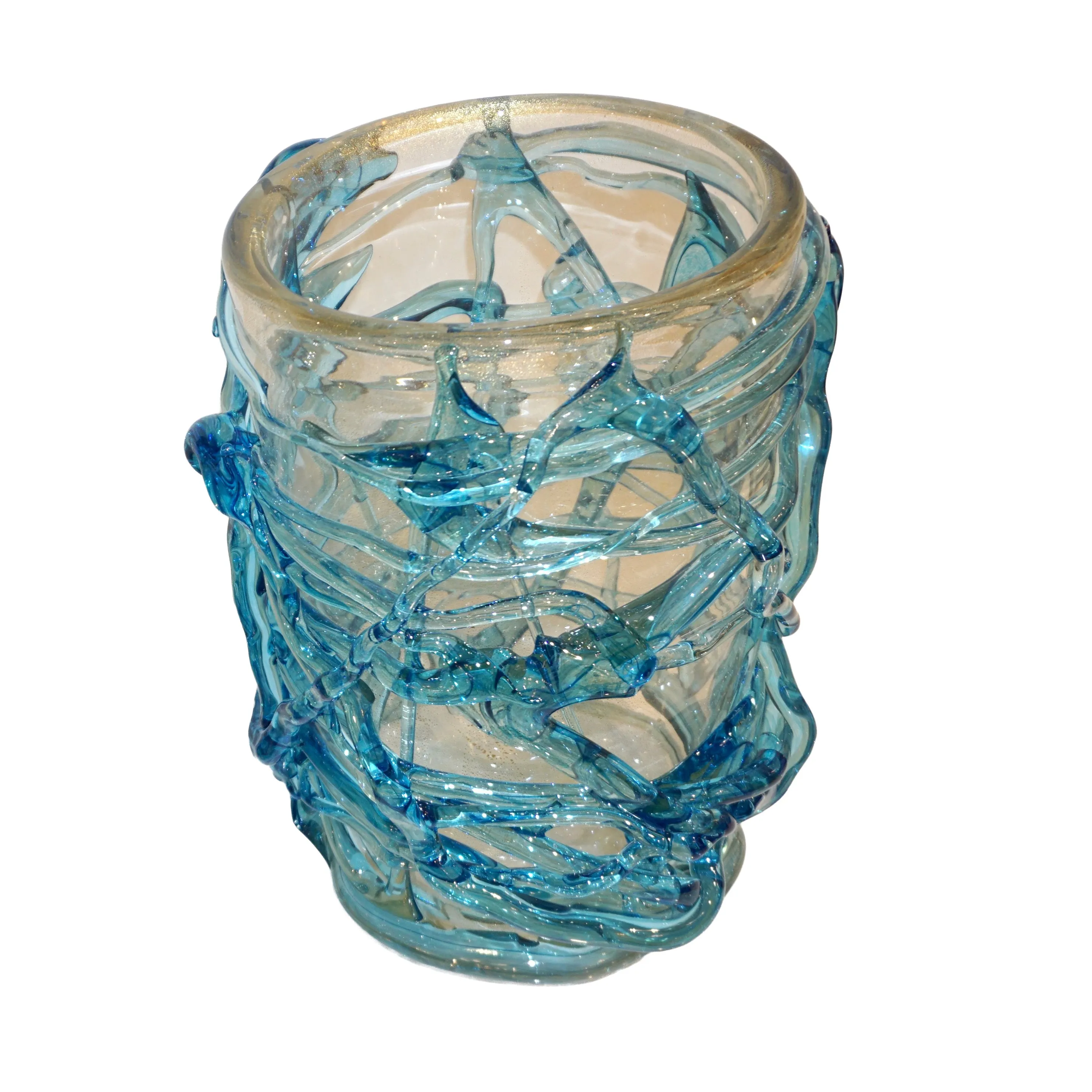 2000 Cenedese Italian Modern Aqua Blue 24 Kt Gold Murano Glass Art Vase