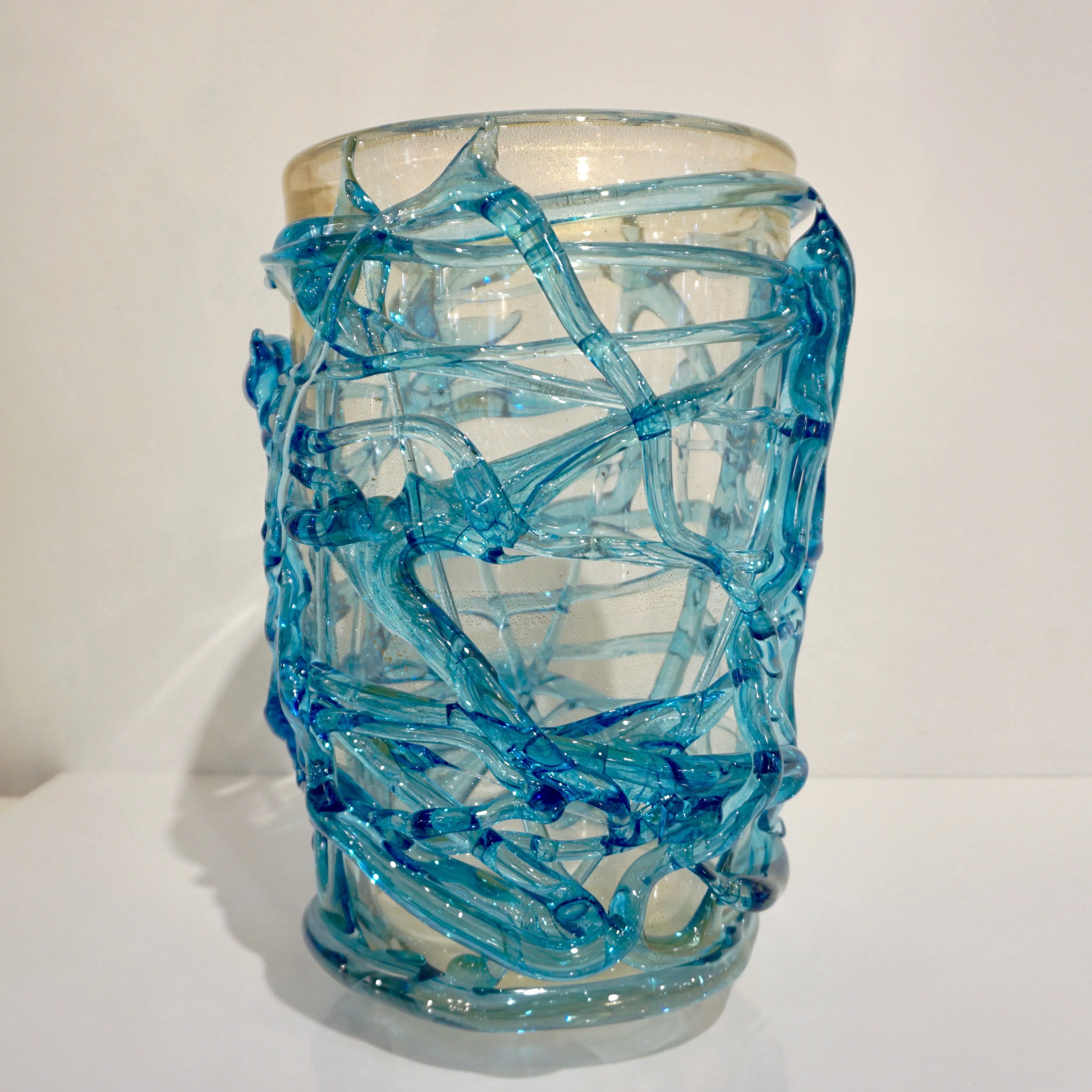 2000 Cenedese Italian Modern Aqua Blue 24 Kt Gold Murano Glass Art Vase