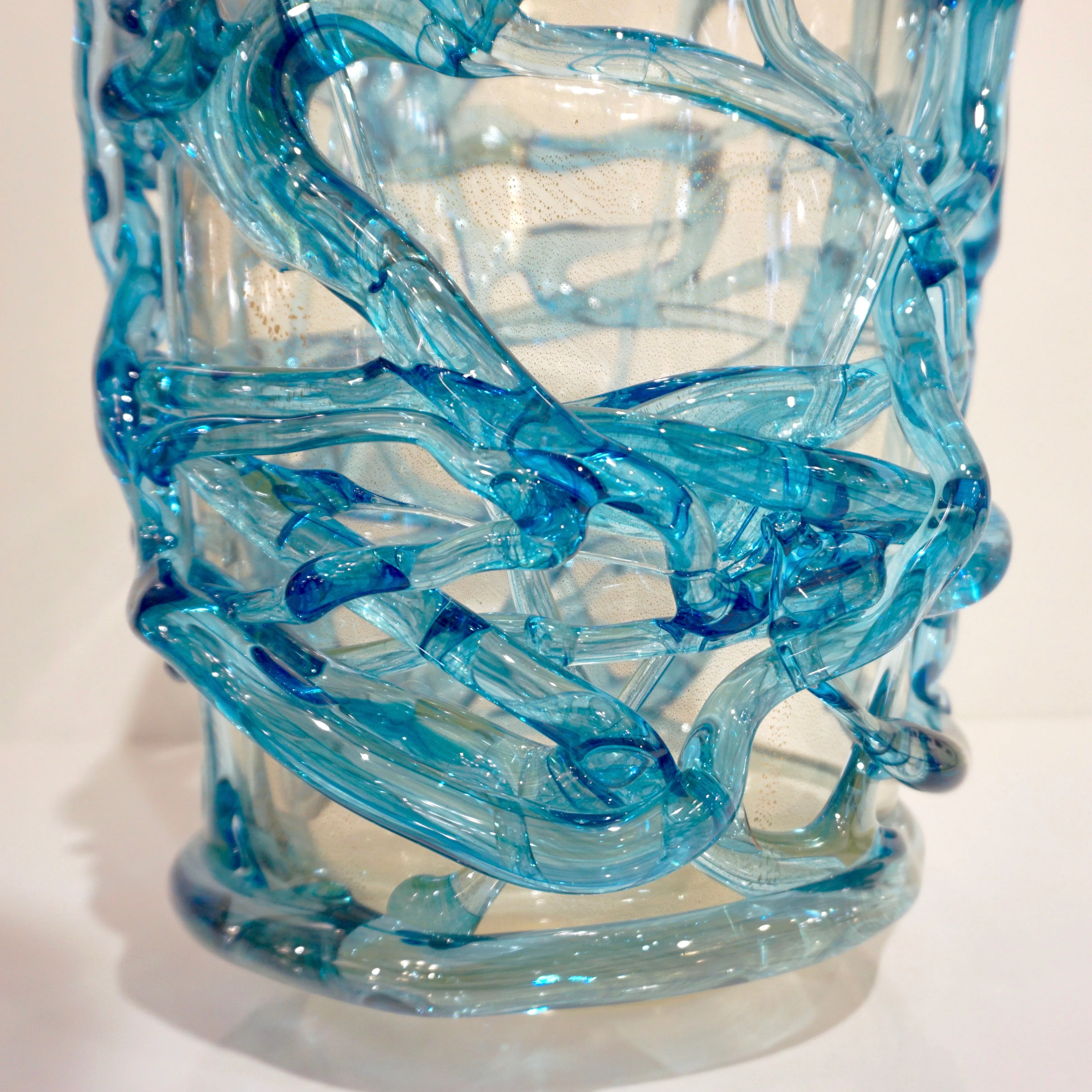 2000 Cenedese Italian Modern Aqua Blue 24 Kt Gold Murano Glass Art Vase