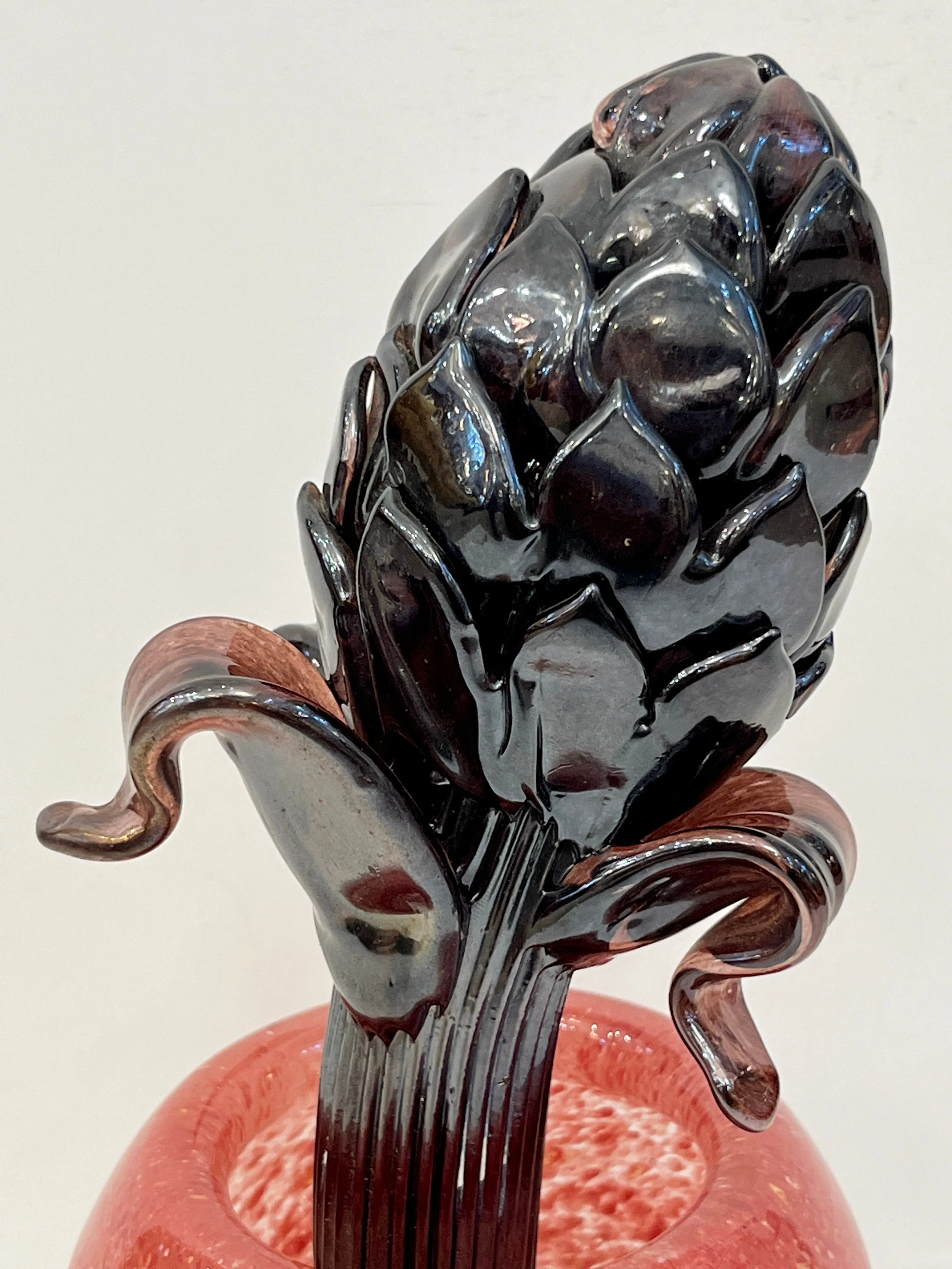 2000 Italian Dark Purple Murano Art Glass Artichoke Flower Plant in Red Pink Pot