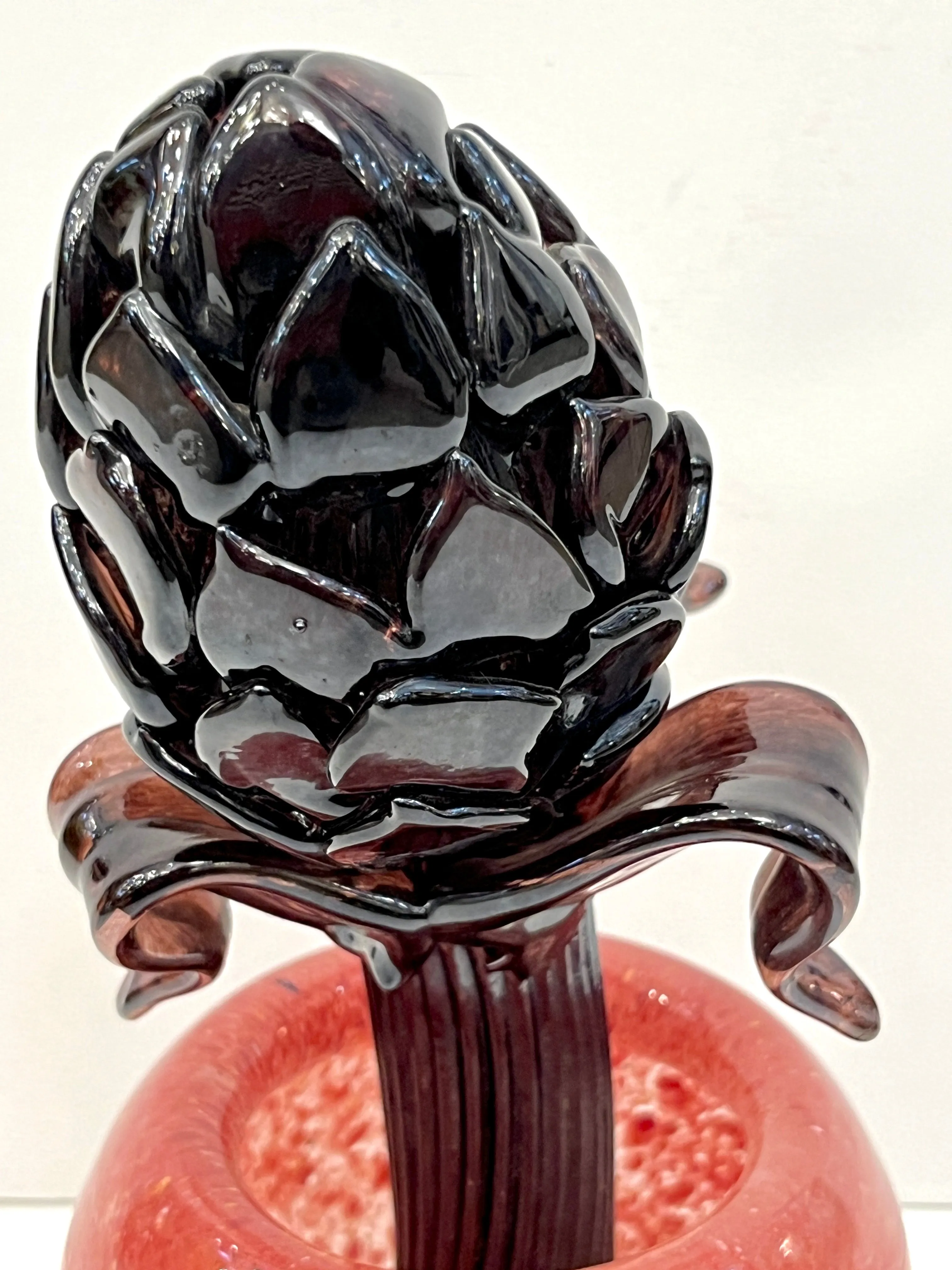 2000 Italian Dark Purple Murano Art Glass Artichoke Flower Plant in Red Pink Pot