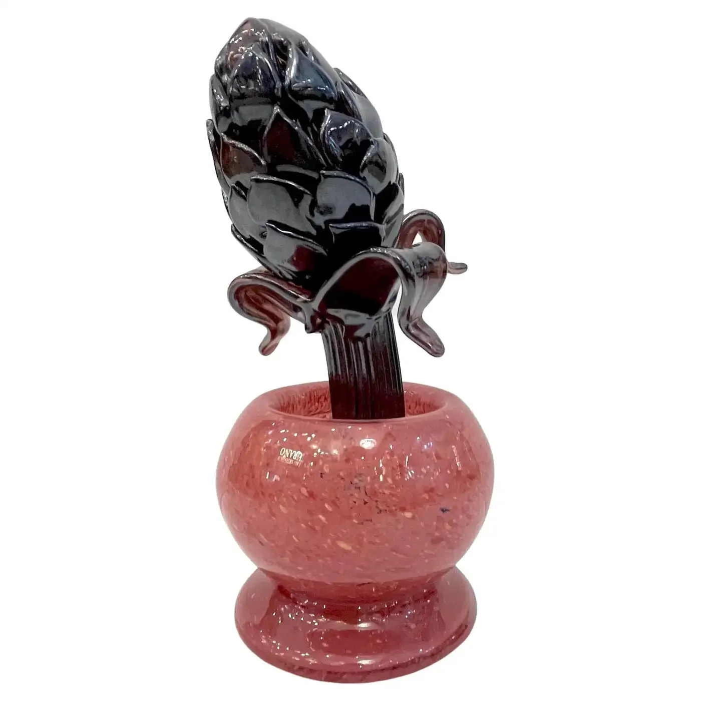 2000 Italian Dark Purple Murano Art Glass Artichoke Flower Plant in Red Pink Pot 