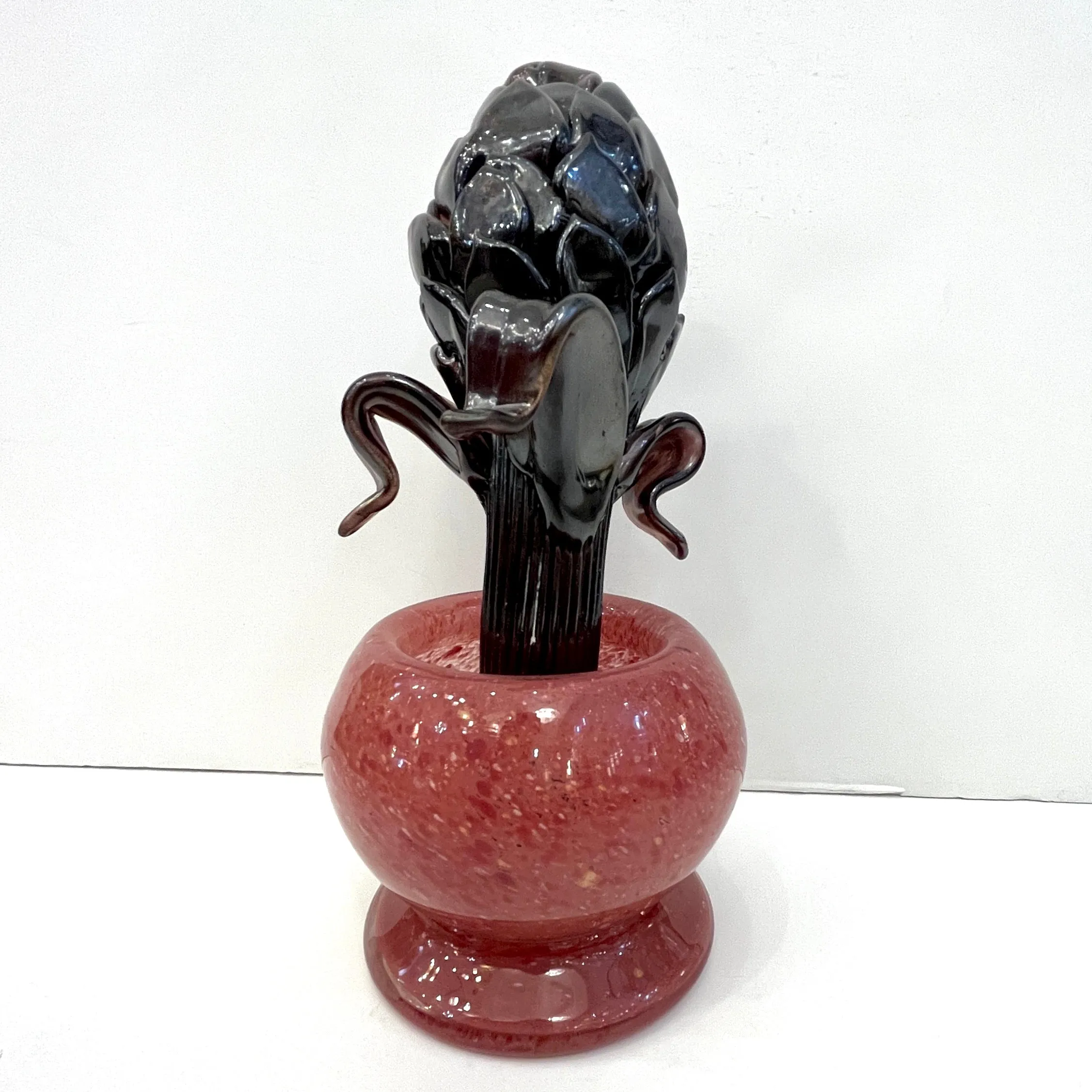 2000 Italian Dark Purple Murano Art Glass Artichoke Flower Plant in Red Pink Pot