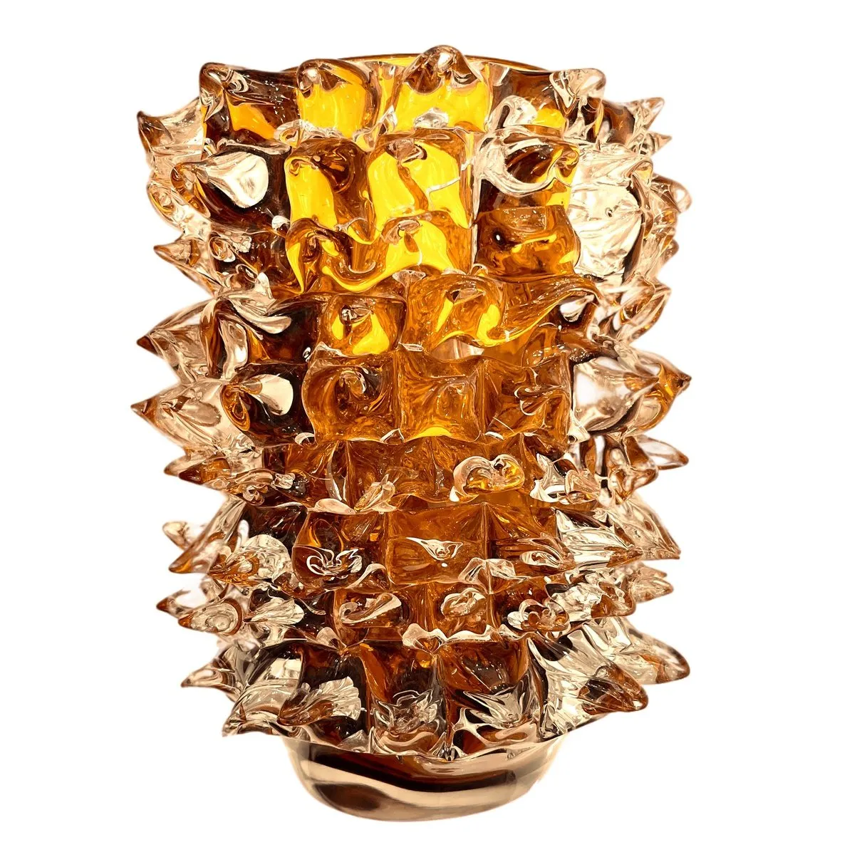 2000s Alberto Dona Italian Amber Gold Crystal Rostrato Murano Glass Modern Vase 