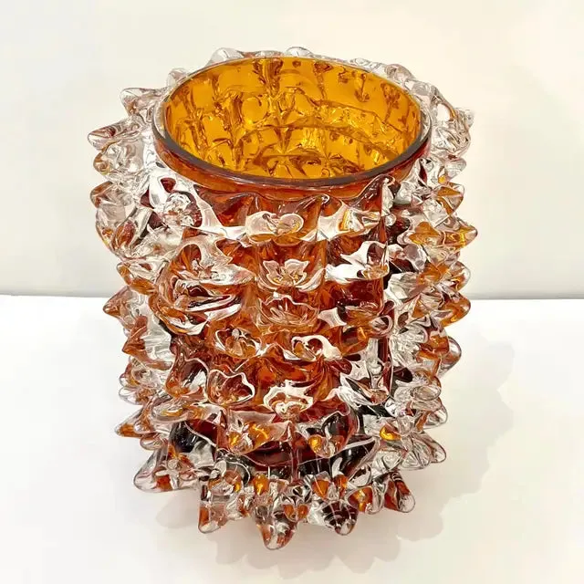 2000s Alberto Dona Italian Amber Gold Crystal Rostrato Murano Glass Modern Vase