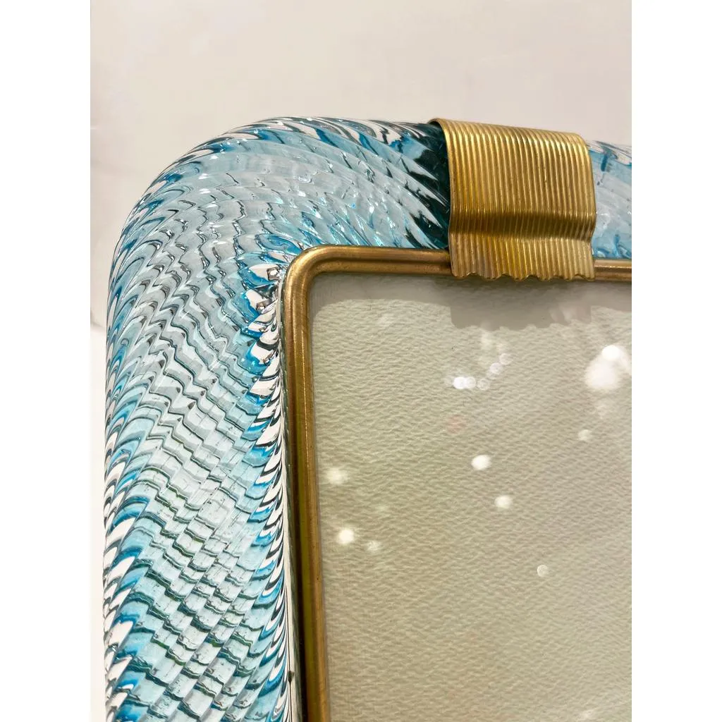 2000s Barovier Toso Italian Aquamarine Blue Murano Glass Brass Picture Frame