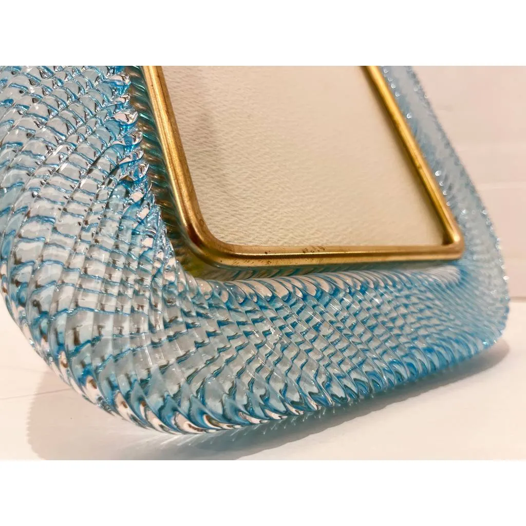 2000s Barovier Toso Italian Aquamarine Blue Murano Glass Brass Picture Frame