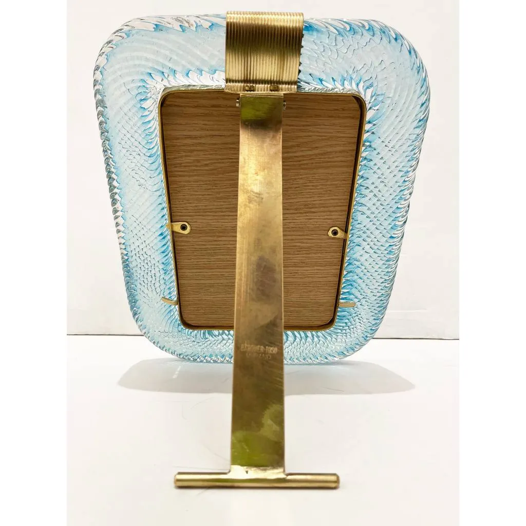 2000s Barovier Toso Italian Aquamarine Blue Murano Glass Brass Picture Frame
