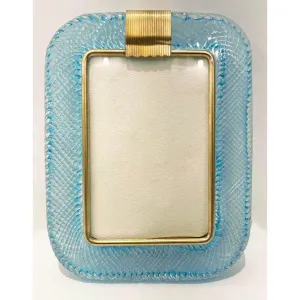 2000s Barovier Toso Italian Aquamarine Blue Murano Glass Brass Picture Frame 