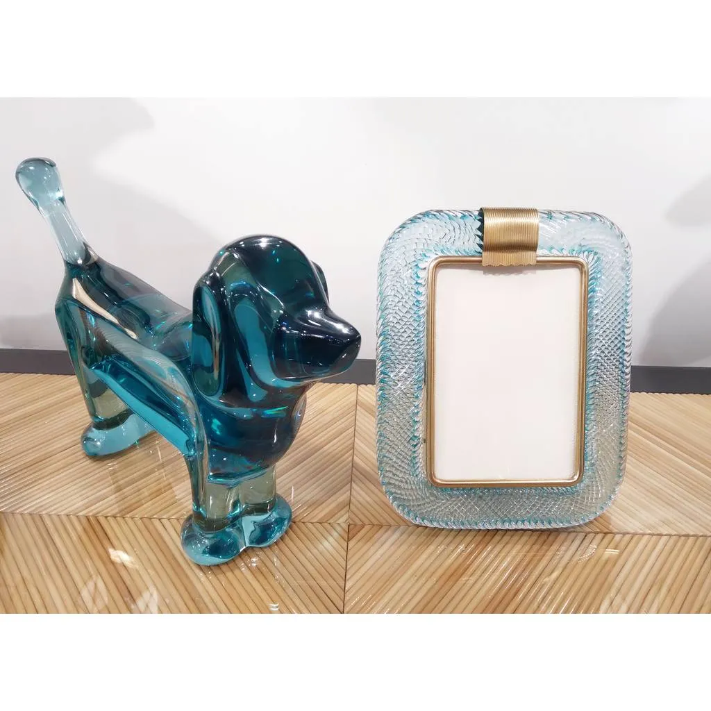 2000s Barovier Toso Italian Aquamarine Blue Murano Glass Brass Picture Frame